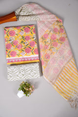 Hand Block Printed Cotton Suit With Chnaderi Dupatta Suit Sets