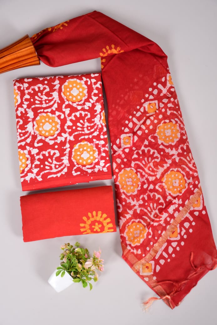 Hand Block Printed Cotton Suit With Chnaderi Dupatta Suit Sets