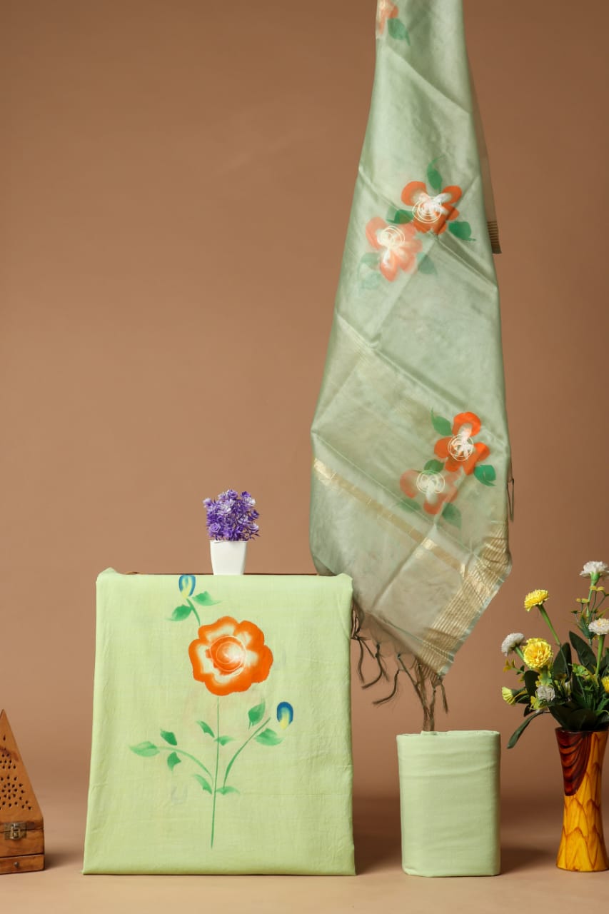 New Elegant Hand Block Printed Cotton Suit With Organza Dupatta(BFOR55)