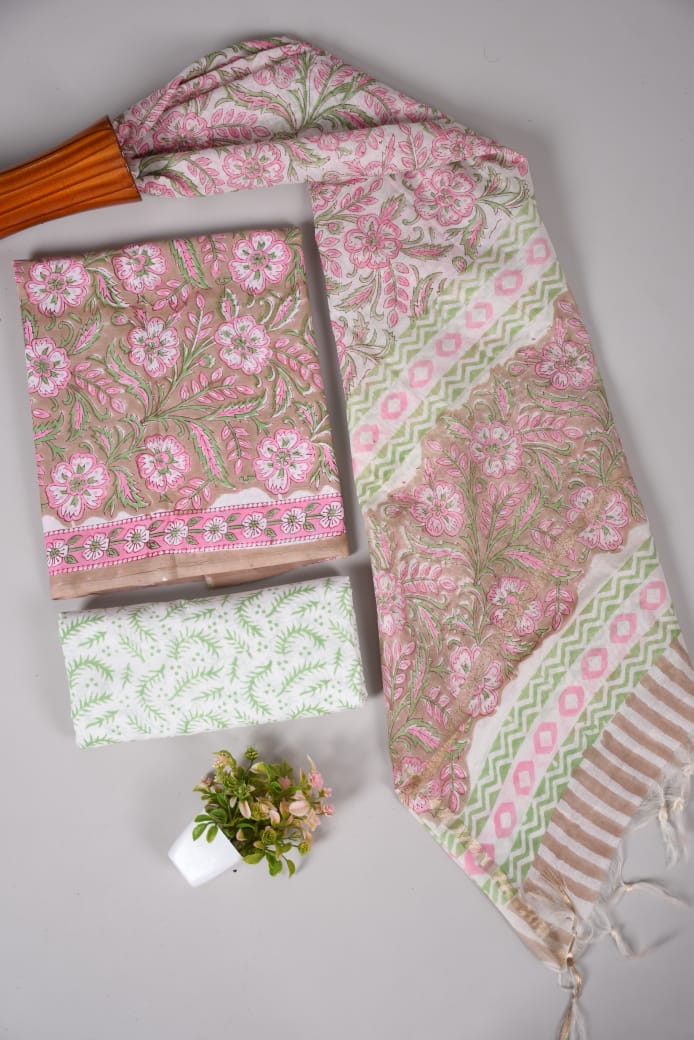 Hand Block Printed Cotton Suit With Chnaderi Dupatta Suit Sets