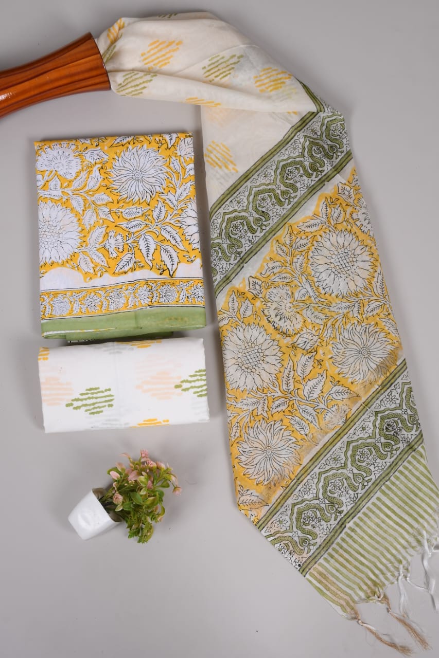 Hand Block Printed Cotton Suit With Chnaderi Dupatta Suit Sets