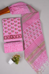 Hand Block Printed Cotton Suit With Chnaderi Dupatta Suit Sets