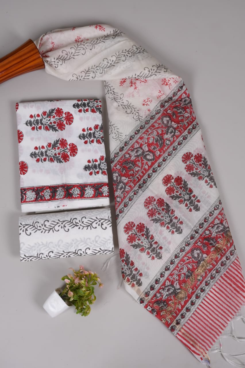 Hand Block Printed Cotton Suit With Chnaderi Dupatta Suit Sets
