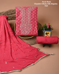 Chanderi Silk Suit with Dhola Silk Dupatta & Heavy Neck Embroidery