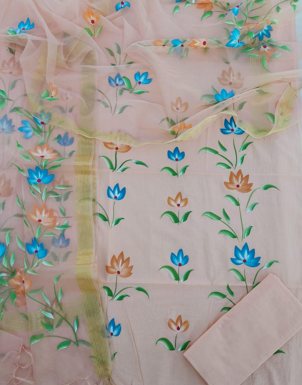 Exclusive Hand Block Printed Cotton Suit With Organza Dupatta(BFOR05)