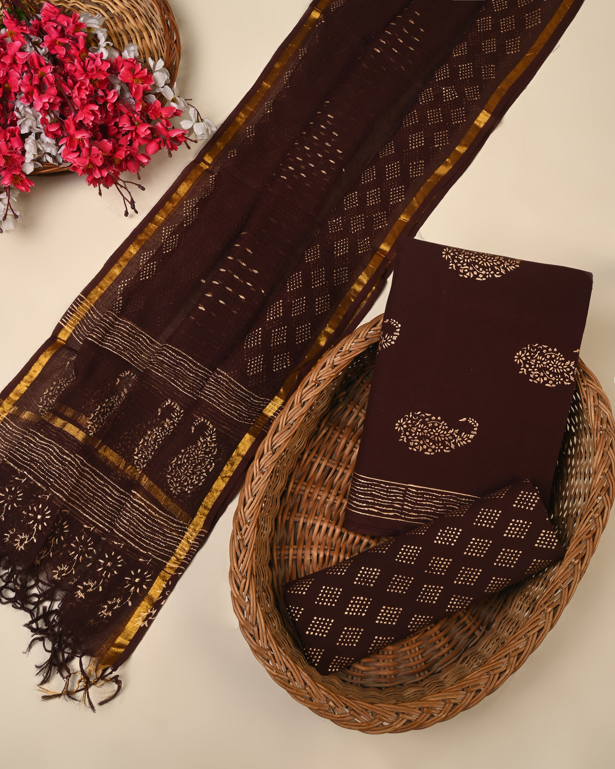 Brown Cotton Suit Set with Ethnic Prints & Kota Doriya Dupatta
