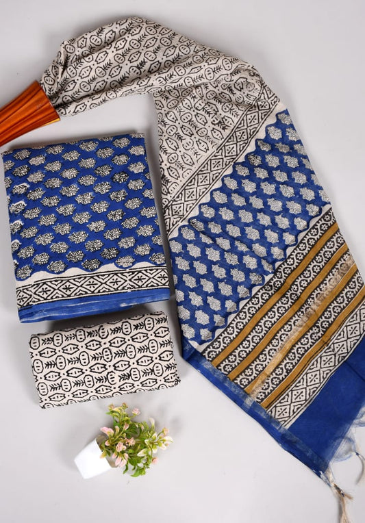 Hand Block Printed Cotton Suit With Chnaderi Dupatta Suit Sets