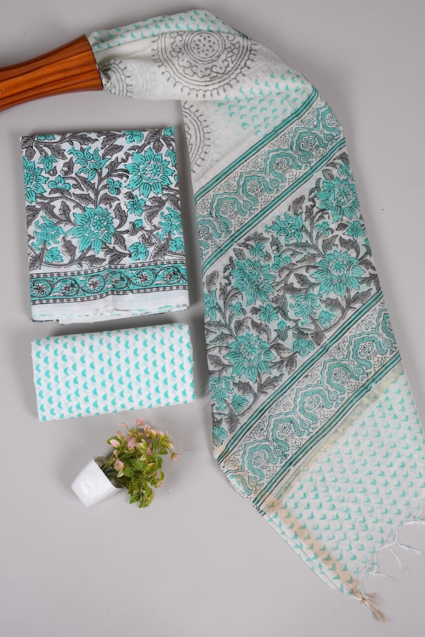 Hand Block Printed Cotton Suit With Chnaderi Dupatta Suit Sets
