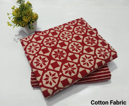 Red Geometric Printed Cotton Fabric – Stylish Dress Material (BFTB63)