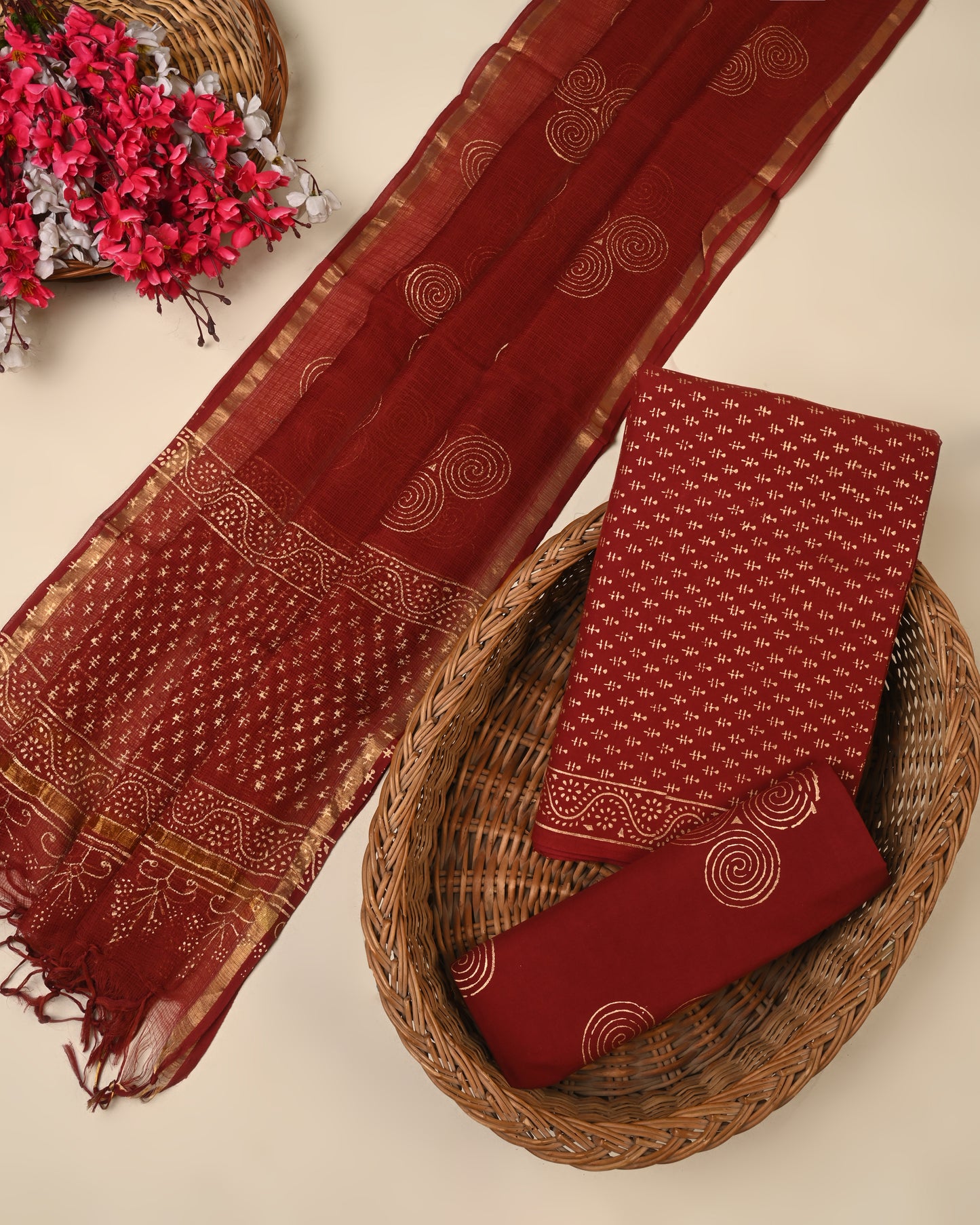 Maroon Handblock Cotton Suit with Kota Doriya Dupatta
