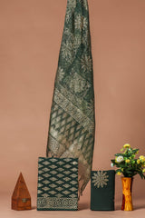 New Floral Hand Block Printed Cotton Suit With Organza Dupatta(BFOR73)