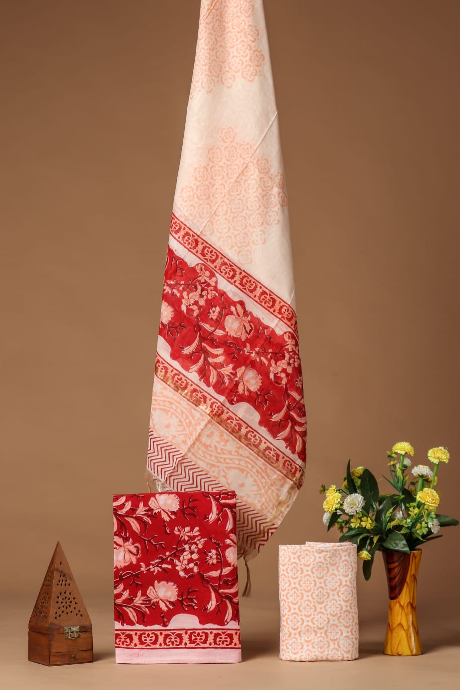 Hand Block Printed Cotton Suit With Chnaderi Dupatta Suit Sets