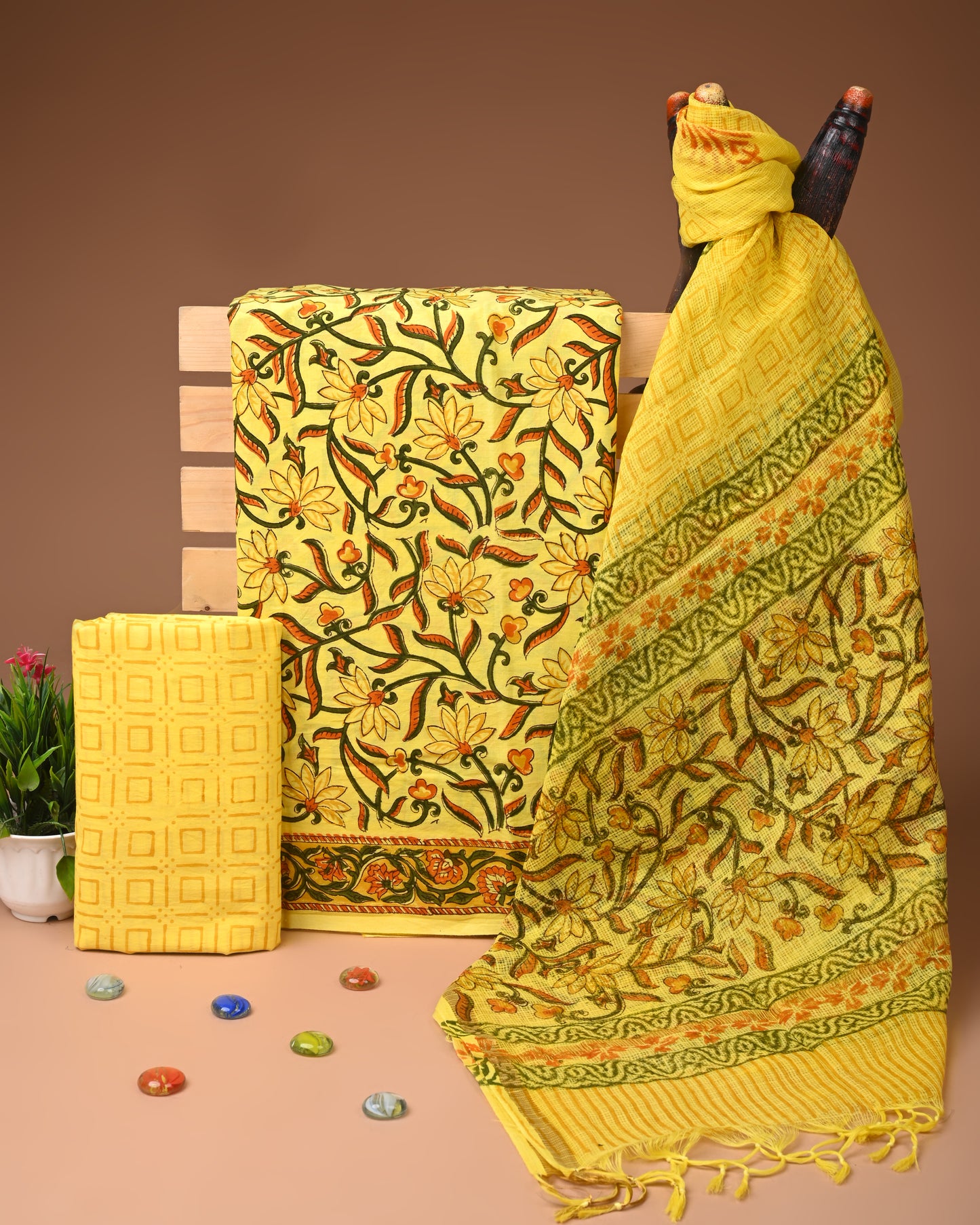 Yellow Printed Cotton Suit with Kota Doriya Dupatta