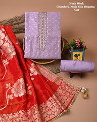 Chanderi Silk Suit with Dhola Silk Dupatta & Heavy Neck Embroidery