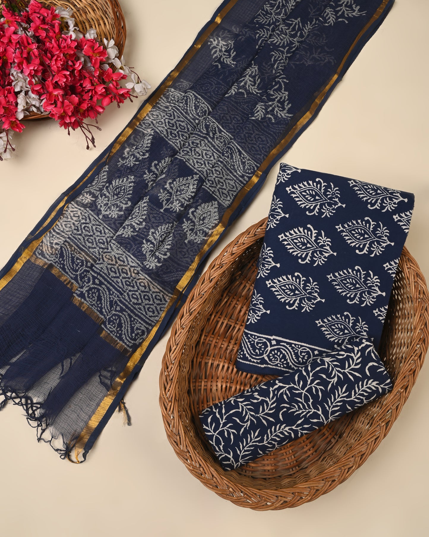 Navy Blue Cotton Suit Set with Handblock Print Kota Doriya Dupatta