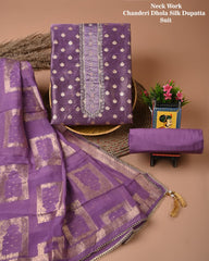 Chanderi Silk Suit with Dhola Silk Dupatta & Heavy Neck Embroidery
