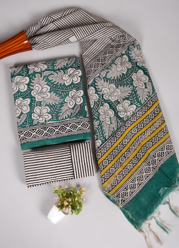 Hand Block Printed Cotton Suit With Chnaderi Dupatta Suit Sets
