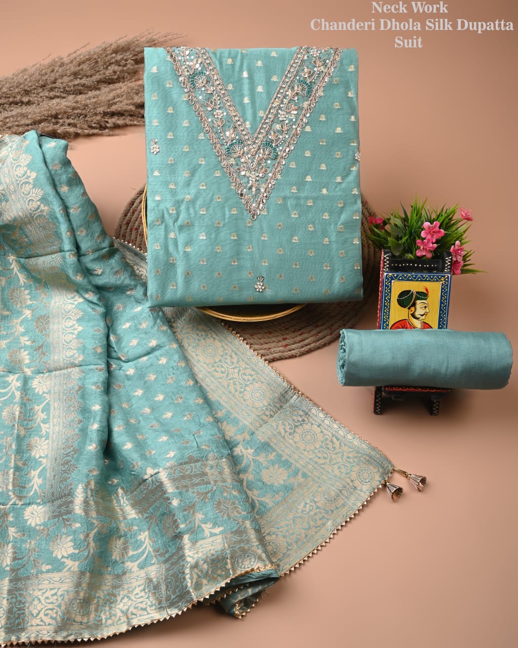 Aqua Blue Chanderi Silk Suit with Dhola Silk Dupatta & Heavy Neck Embroidery