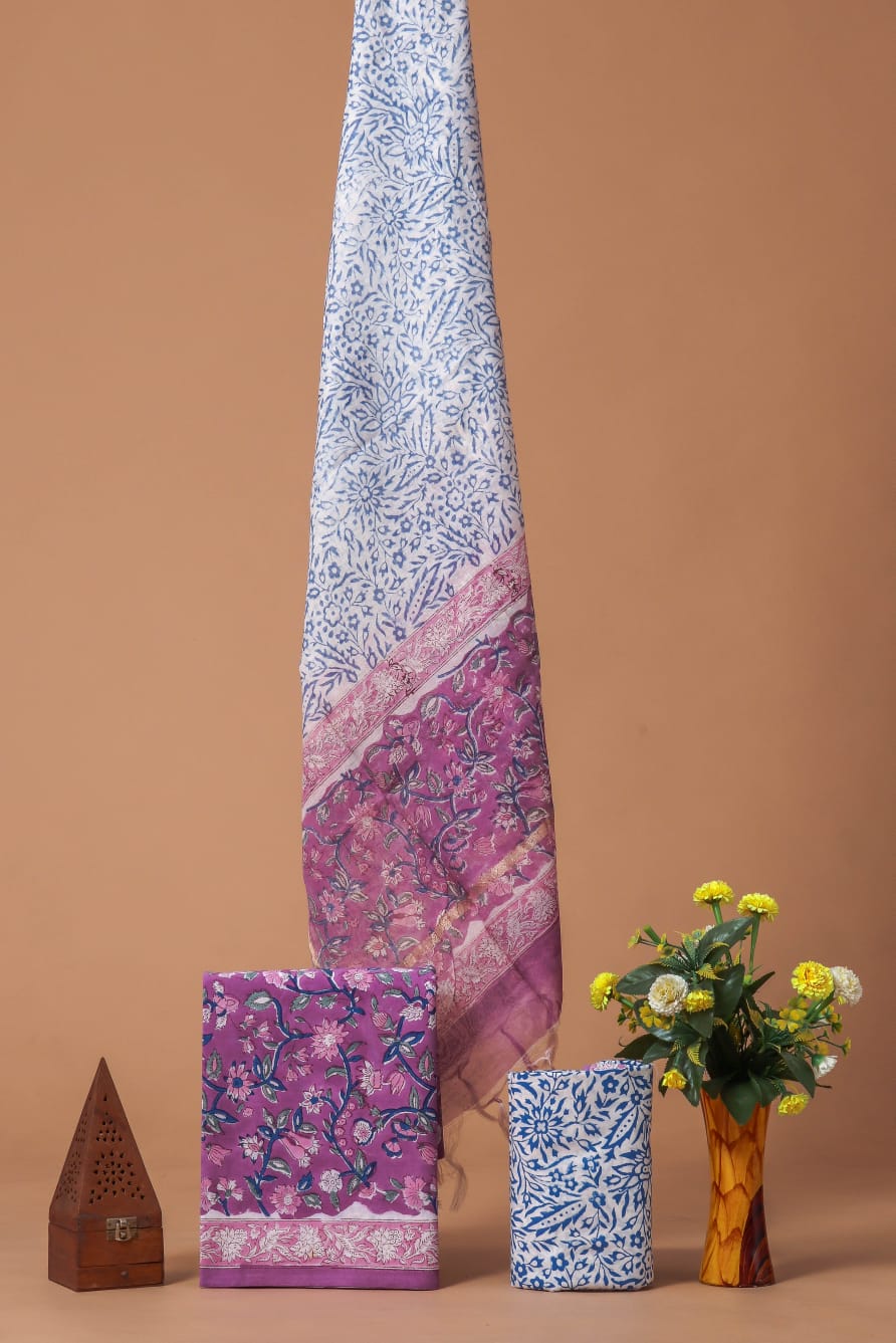 Hand Block Printed Cotton Suit With Chnaderi Dupatta Suit Sets