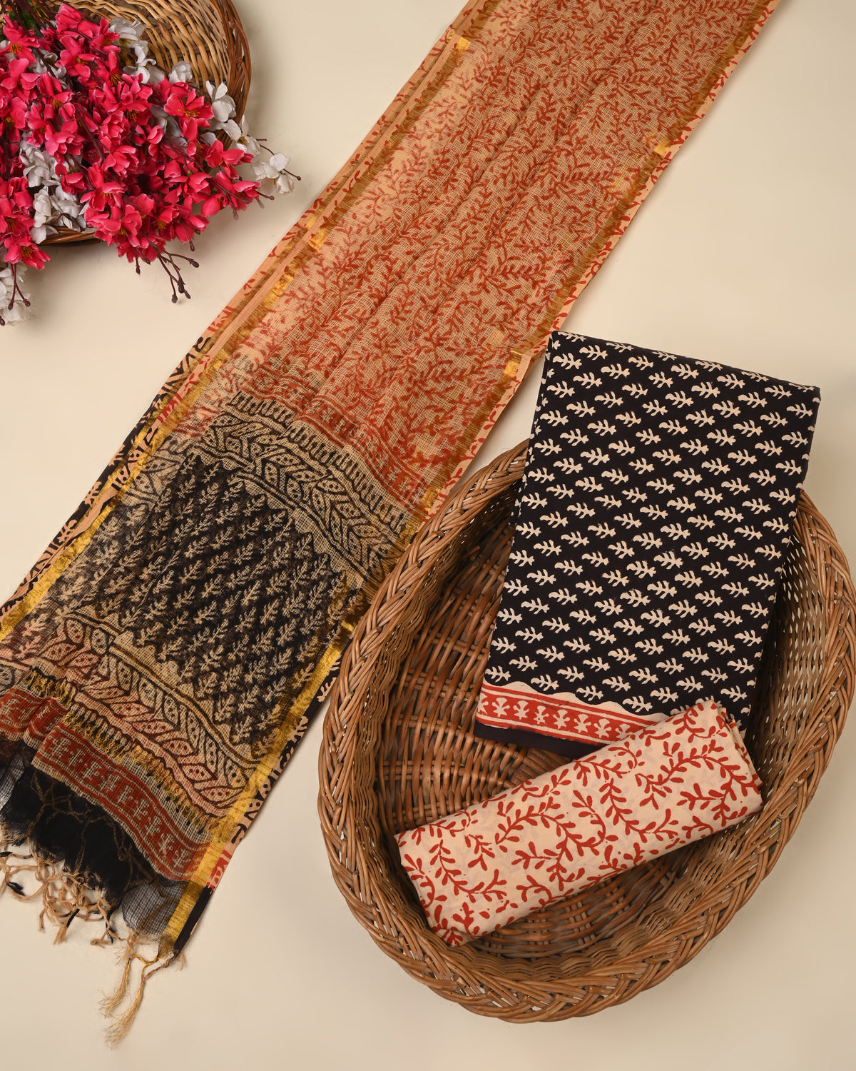 Beige Cotton Suit Set with Handblock Print Kota Doriya Dupatta