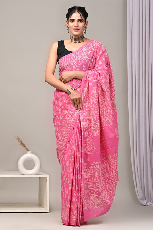 Traditional Authentic Hand Block Printed Pure Organic Cotton Sarees With matching Blouse(BFCS35)