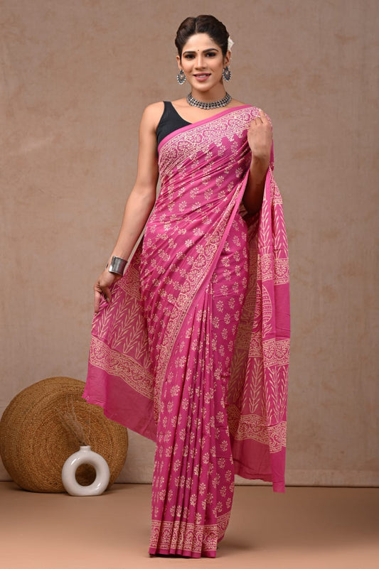 Traditional Authentic Hand Block Printed Pure Organic Cotton Sarees With matching Blouse(BFCS35)