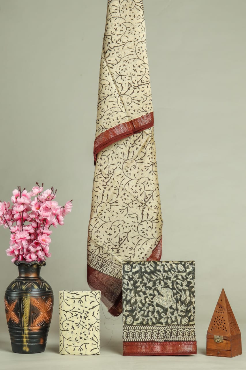 Premium Hand Block Printed Maheshwari Silk Suit(BFMAH23)