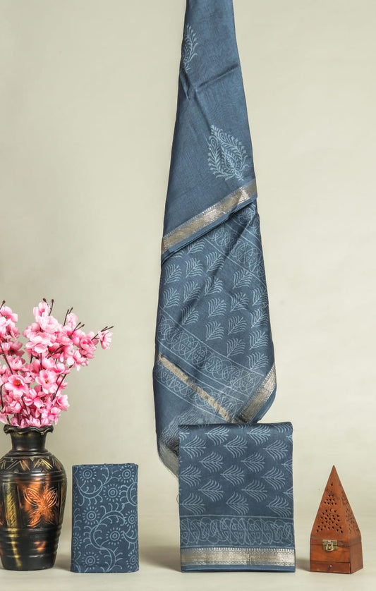 Premium Hand Block Printed Maheshwari Silk Suit(BFMAH26)