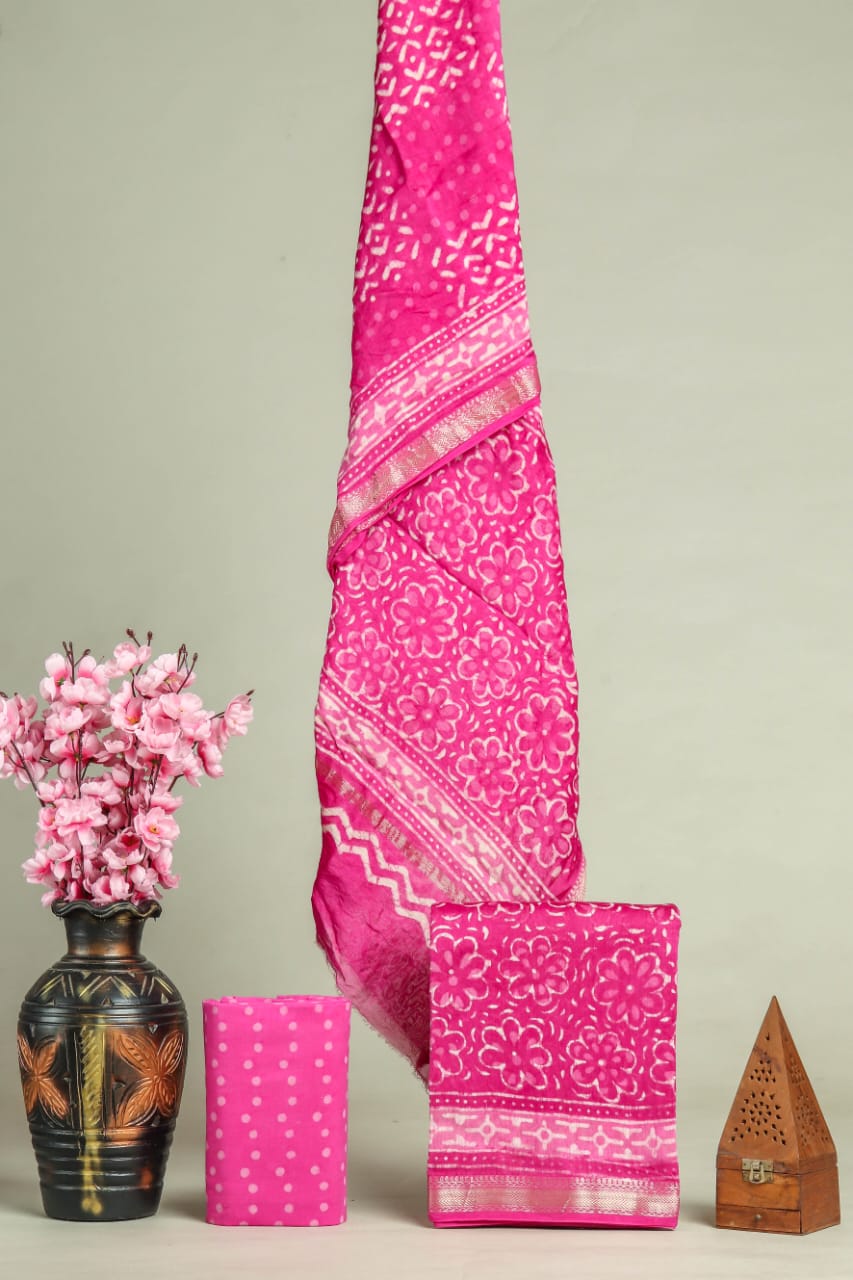 Premium Hand Block Printed Maheshwari Silk Suit(BFMAH34)