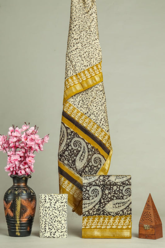 Premium Hand Block Printed Maheshwari Silk Suit(BFMAH42)