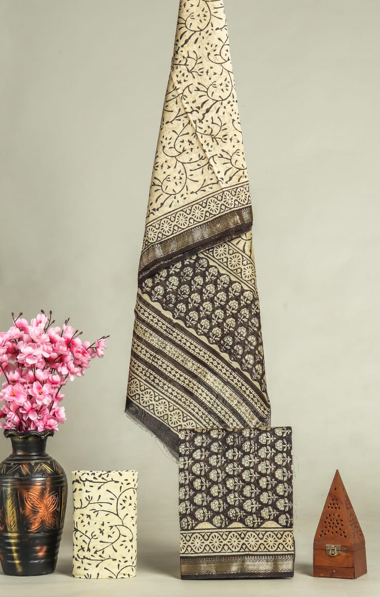 Premium Hand Block Printed Maheshwari Silk Suit(BFMAH44)