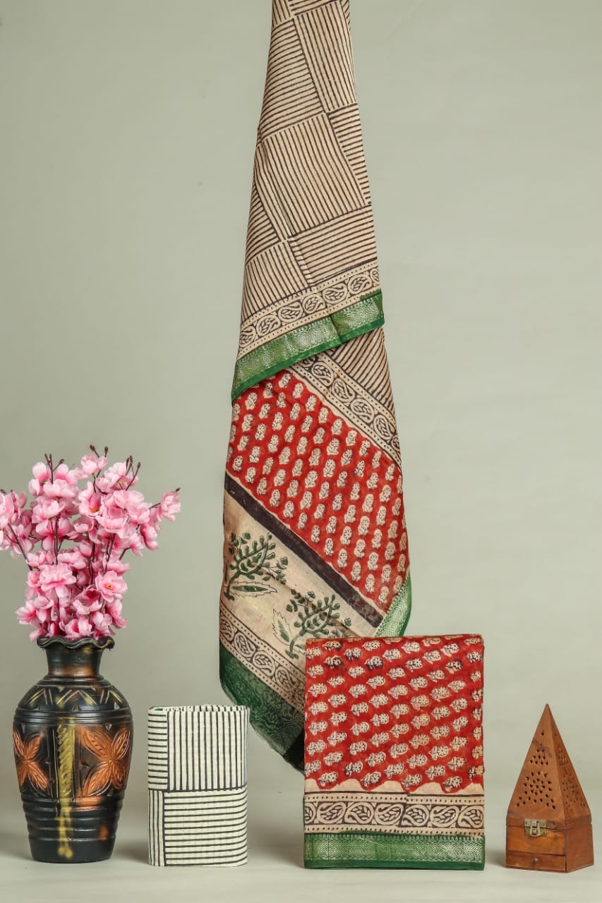 Premium Hand Block Printed Maheshwari Silk Suit(BFMAH43)