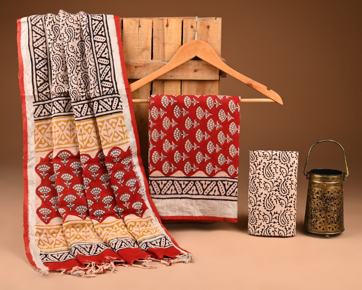 Premium Hand Block Printed Lilen Suit With Lilen Dupatta