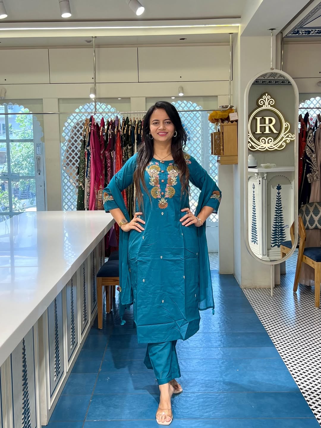 Blue Printed Cotton Kurta Pant Set for Women