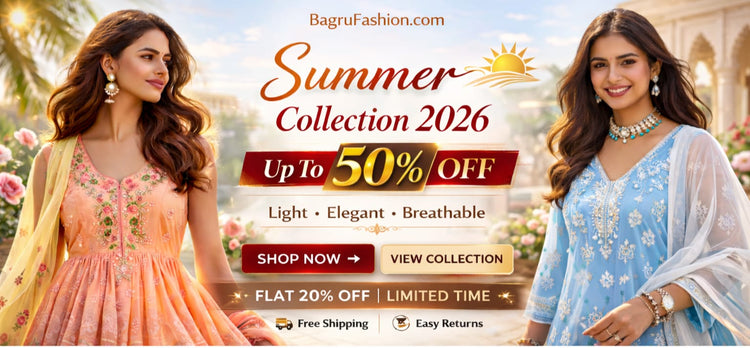 Advertisement for Bagru Fashion Summer Collection 2026 with two women modeling dresses and promotional text.