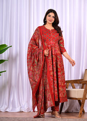 Red Floral Printed Cotton Suit Set with Dupatta for Women