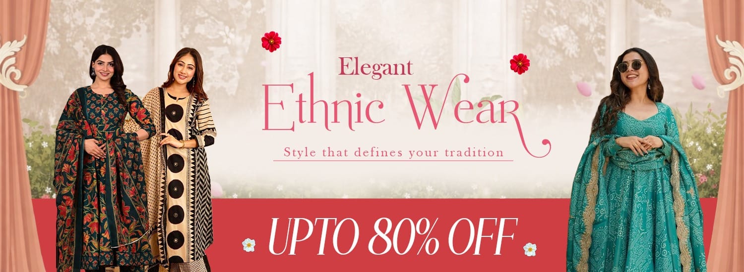 Advertisement for ethnic wear with two women in traditional outfits and promotional text.