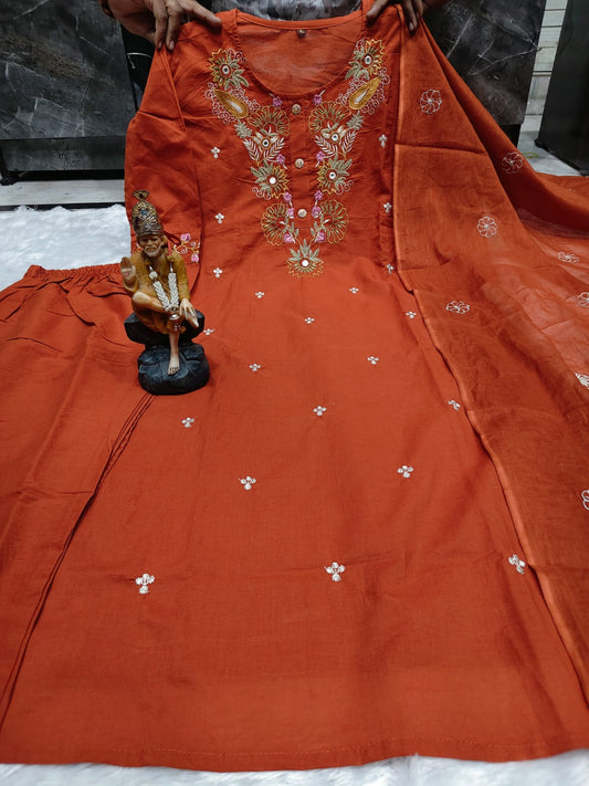 Orange Printed Cotton Kurta Pant Set for Women