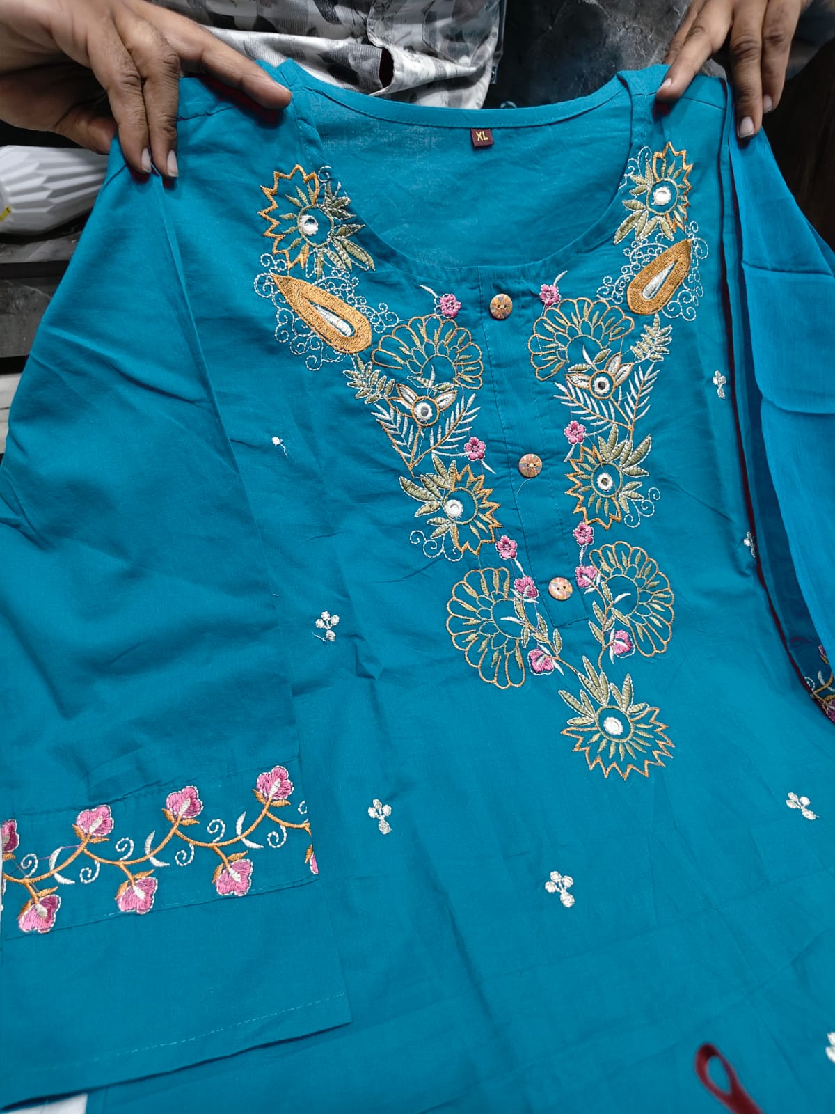 Blue Printed Cotton Kurta Pant Set for Women