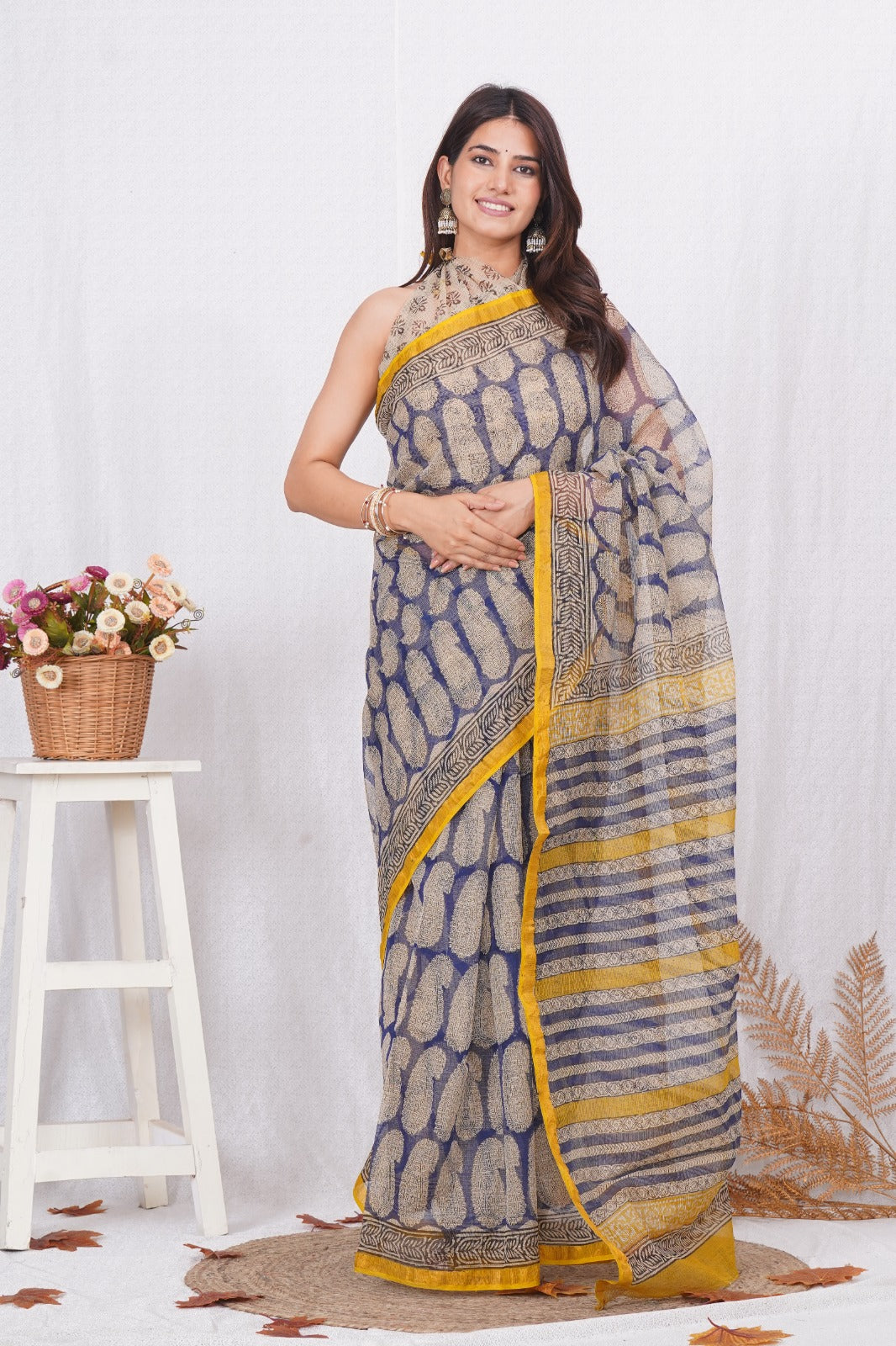 Yellow & Blue Printed kota doriya saree (BFKS29)