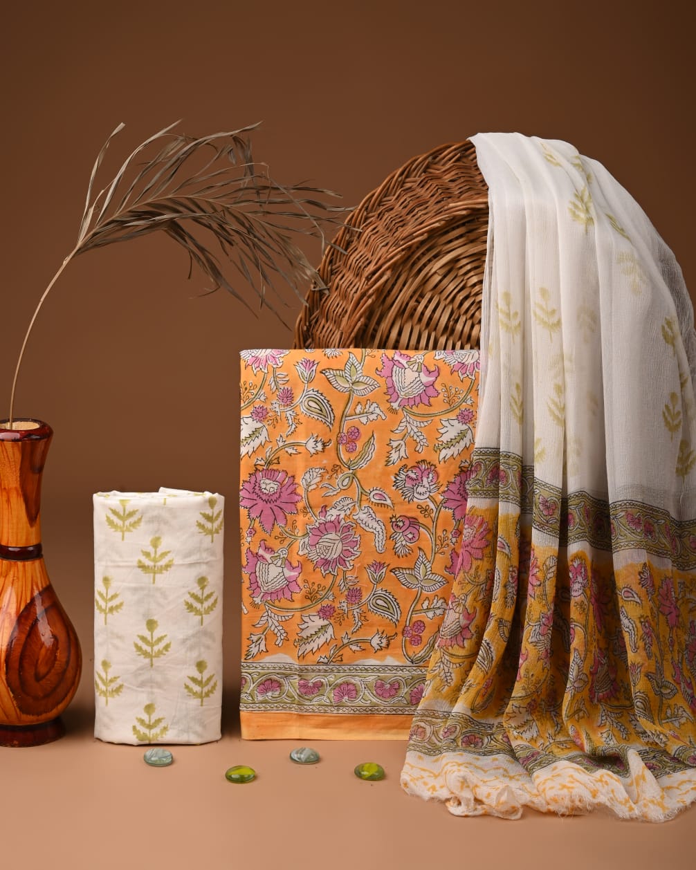 Premium  Hand Block Cotton Suit With Chiffon Dupatta
