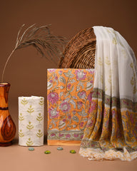Premium  Hand Block Cotton Suit With Chiffon Dupatta