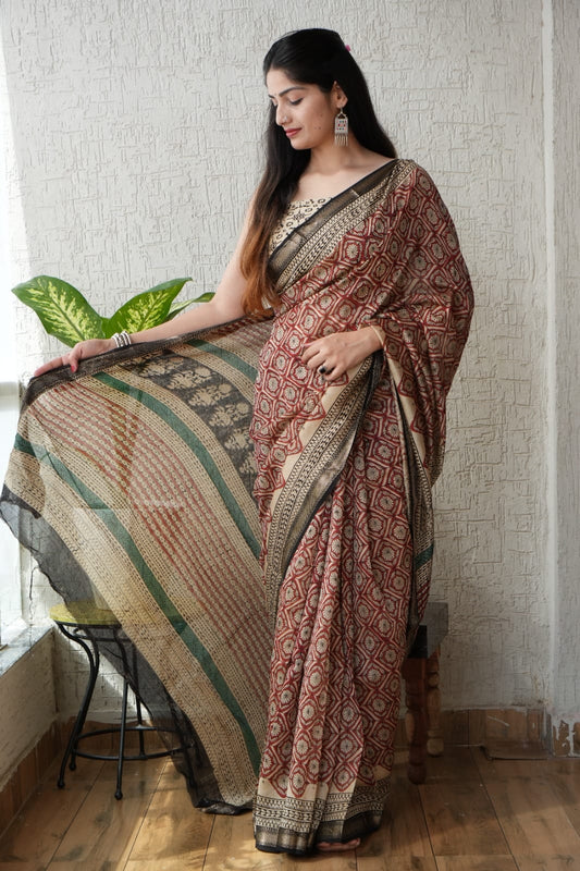 New Designer Hand Block Print Maheshwari Silk Saree (BFMSARE51)