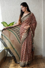 New Designer Hand Block Print Maheshwari Silk Saree (BFMSARE51)