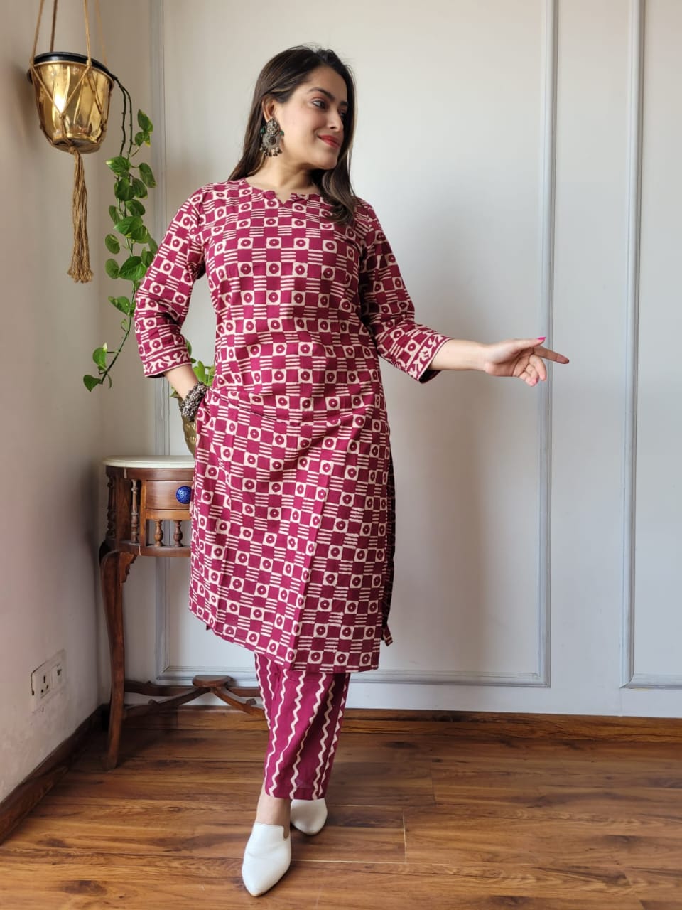 Maroon Printed Cotton Kurti Pant Set for Women