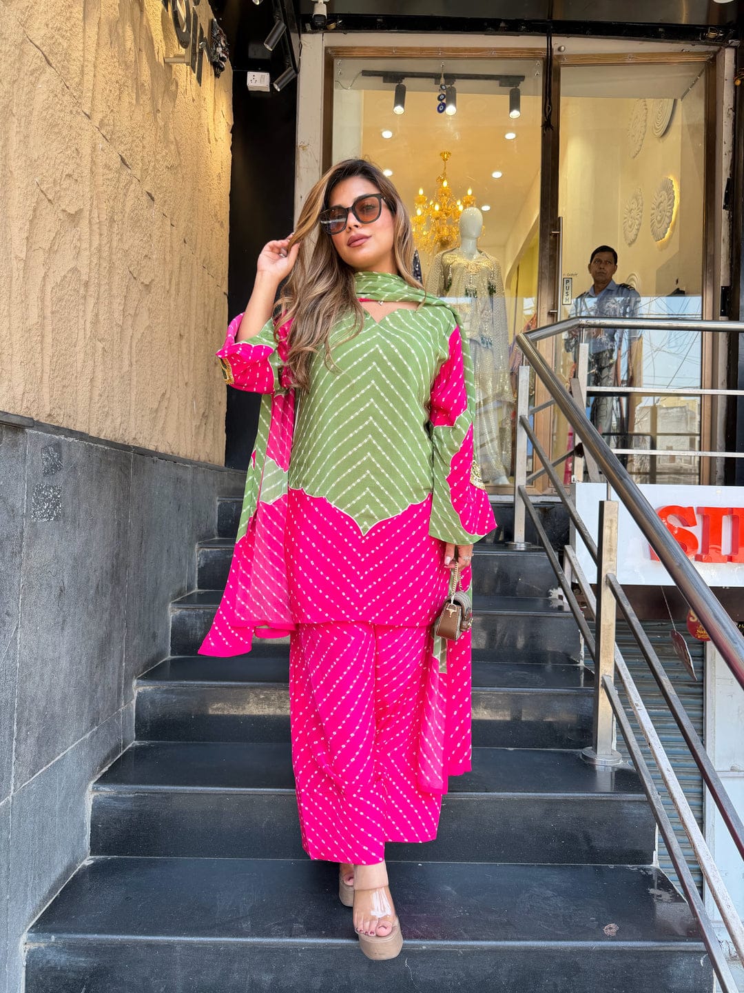 Olive Green & Pink Bandhani Print Co-ord Set | Chevron Leheriya Kurta with Palazzo