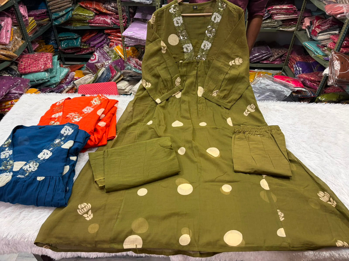 Mustard Yellow Mul Cotton Polka Dot Kurta Set | Festive 3Pc Suit with Bead Embroidery