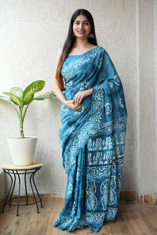 Teal Blue Hand Block Printed Cotton Saree with Blouse (BFCS64)