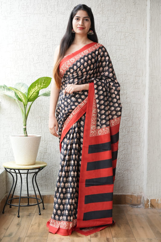 Black Red Designer Cotton Saree – Soft Cotton Saree for Women  (BFCS47)