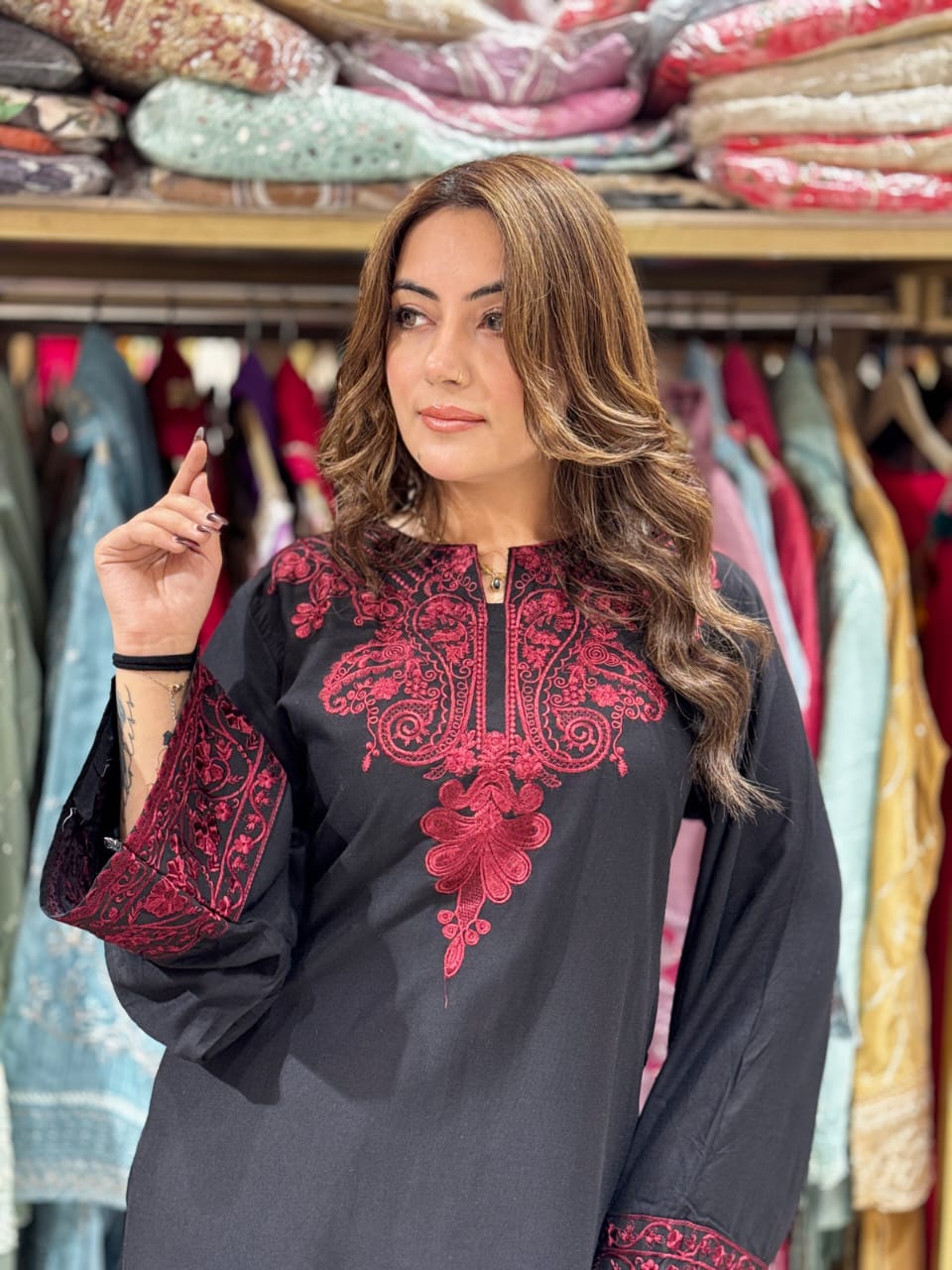 Black Embroidered Cotton Suit with Organza Dupatta | Rakhi Special